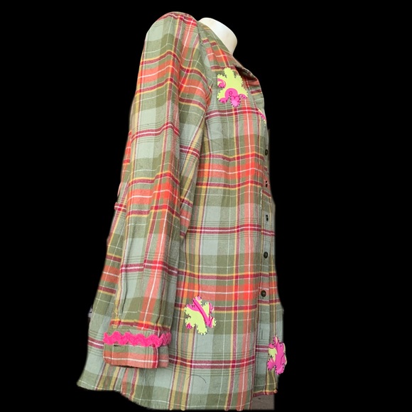 Upcycled Plaid Shirt with Floral Patch and Bigfoot/Yeti - Picture 4 of 11